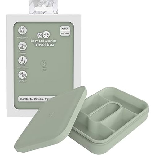 ezpz Baby-Led Weaning Box (Sage) - 6 Months+ - 100% Silicone Lunch Box for Mealtime + Travel - All-in-one Feeding + Storage System - Supports BLW Tools - Baby Feeding Essentials