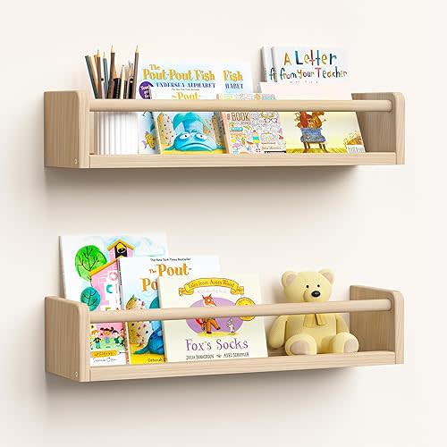 upsimples 2 Pack Nursery Book Shelves, 15.7 Inch Floating Bookshelves for Wall, Baby Nursery Decor, Small Solid Wood Wall Mounted Shelves for Baby Kids Boys Girls, Natural