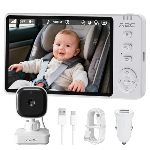A2C Wireless Baby Car Camera, Easy Install Car Baby Monitor with Night Vision, 5" 1080P HD Car Seat Camera Rear-Facing Infant 4X Zoom for Newborns, Toddlers
