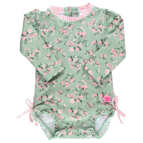 Rufflebutts Baby Long Sleeve One Piece Rash Guard - Tea Roses, Size : 0-3 Months