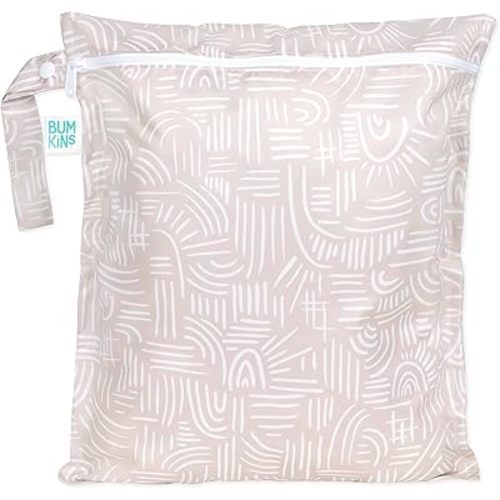 Bumkins Waterproof Wet Bag for Baby, Travel, Swim Suit, Cloth Diapers, Pump Parts, Pool, Beach, Gym Clothes, Toiletry, Hook to Stroller, Daycare, Zipper Reusable Wetdry Packing Pouch, Boho Beige