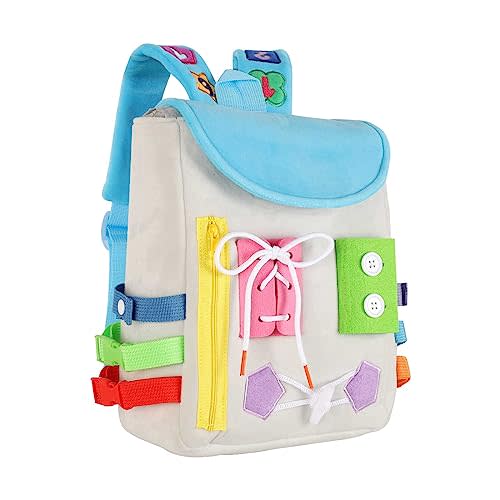Busy Board - Toddler Backpack with Buckles and Learning Activity Toys - Develop Fine Motor Skills and Basic Life Skills - Learn to Tie Shoes - Children's Travel Toy (Grey)