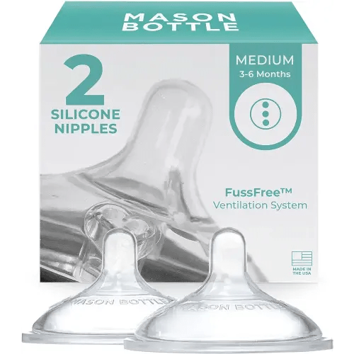 Mason Bottle Medium Flow Nipples (3–6 Months) – Silicone Baby Bottle Nipples, Fits Any Regular-Mouth Mason Jars – Wide Natural Shape, BPA-Free, Non-Toxic, Made in USA (2-Pack)
