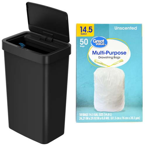 Mainstays Kitchen Automatic Trash Can, 13.2 Gallon Plastic Motion Sensor Garbage Bin with Trash Bag