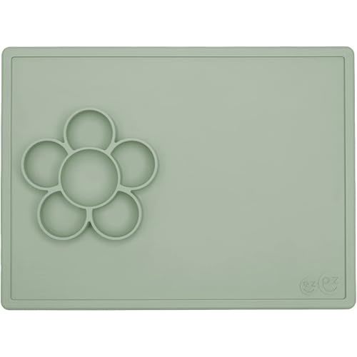 ezpz Play Mat for Baby + Toddler - 6 Months+ (Sage) - Suction Plate with Flower Compartments for Crafts, Painting, Sorting, Snack Time - Fits Standard Piece of Paper