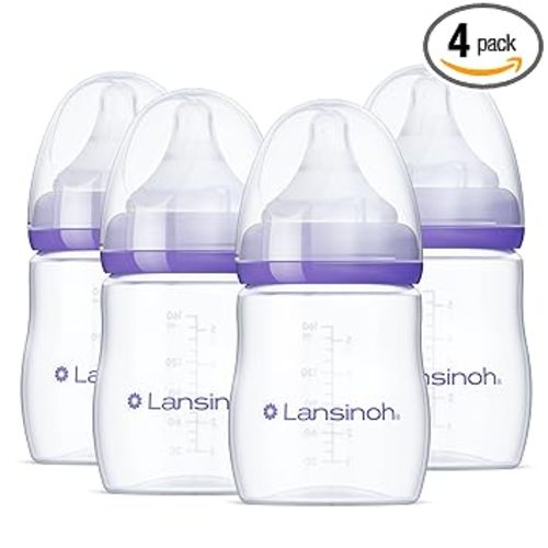 Lansinoh Anti-Colic Baby Bottles, BPA-Free Plastic, 5 Ounces, 4 Count, Extra Slow Flow Nipples (Size XS), Breastfeeding Bottle with NaturalWave Design