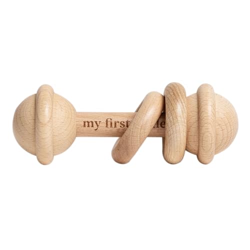 Pearhead Wooden My First Rattle and Teether, Baby Sensory Toy | Laser-Engraved Keepsake, Natural Beechwood, Easy-Grip Design, Fine Motor Skills, Newborn Tummy Time, New Parent Gift, Ages 0+