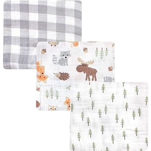 Hudson Baby Unisex Baby Cotton Muslin Swaddle Blankets, Woodland 3-Pack, 3-Pack