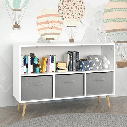 PRINKROOMY 2-Tier Bookcase Bookshelf with Collapsible Fabric Drawers,Cute Book Display Storage Cabinet Organizer for Playroom Livingroom (White+Gray)