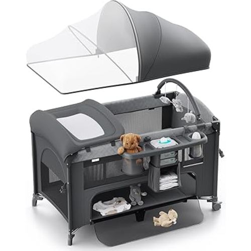 4 in 1 Baby Bassinet, Pack and Play, Bedside Crib Sleeper, Diaper Changer - Comes with Mattress, Mosquito Net, Bottom Storage and Toy Bar for Newborn to Toddles