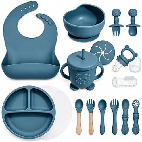 Silicone Baby Feeding Utensils Set for 6+ Months, 17 Pcs, Blue