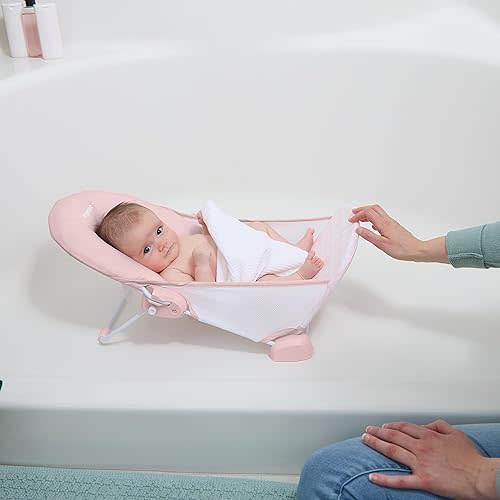 Ingenuity Foldaway 2-Position Bather, 2-Position Adjustable Support Baby Bath seat for Sink or Bathtub, Ages 0-6 Months, up to 20 pounds, Pink