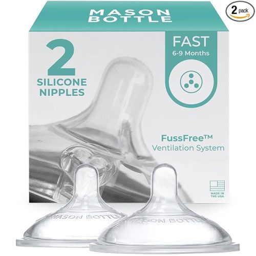 Mason Bottle Fast Flow Nipples (6+ Months) – Silicone Baby Bottle Nipples, Fits Any Regular-Mouth Mason Jars – Wide Natural Shape, BPA-Free, Non-Toxic, Made in USA (2-Pack)