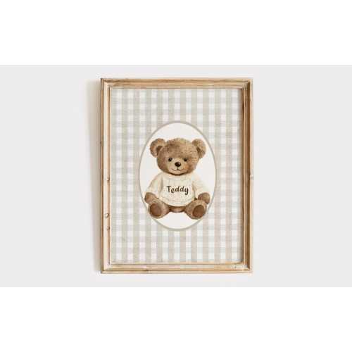 Personalised Teddy Bear Nursery Print, Custom Name Wall Art for Baby Boys & Girls, Beige Gingham Nursery Decor, Unframed or Digital