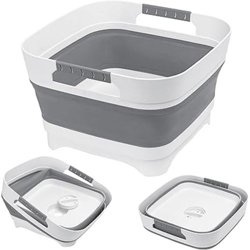 Upgraded 2.4 Gal (9L) Collapsible Dish Basin with Drain Plug, Space Saving Multiuse Foldable Sink Tub, Dishpan, Beverage Tubs for Camping, Vegetable Washing, RV(Gray)