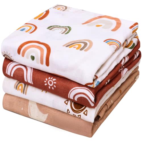 4 Pack Boho Muslin Swaddle Blankets Baby Gender Large Neutral Cotton Newborn Receiving Blankets Soft Breathable Infant Wraps Swaddle Essentials for Boys or Girls Large 47 X 47 Inches (Boho)