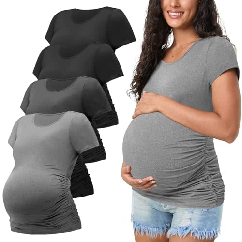 Happy.angel 4 Pack Women's Maternity Tops & T Shirts, Short Sleeve Pregnancy Clothes Stretchy Ruched Tunic Crew Neck Blouses