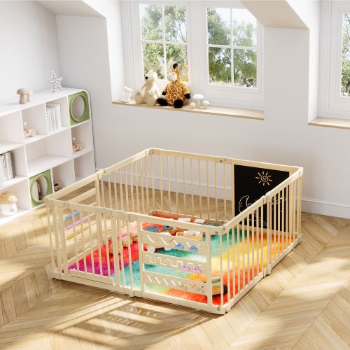 Fredbeck Foldable Wooden Baby Playpen 56-in x 24-in Large Play Yard with Door and Built-in Toys