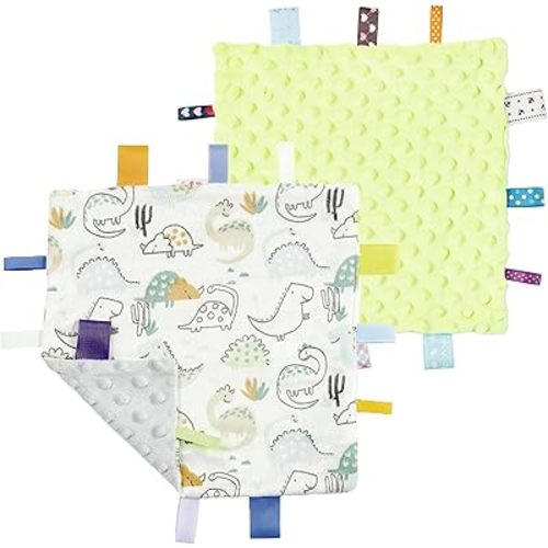 CREVENT Tag Security Blankets for Babies, Soft Small Loveys for Boys, Baby Comforter Sensory Blanket, Great Gifts for Birthday Baby Shower - 10"X10" Green + Dinosaur