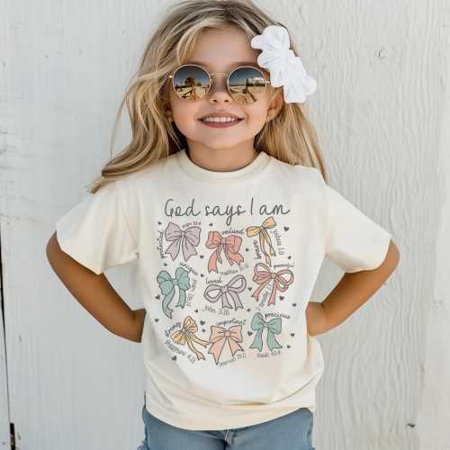 Christian Shirt for Girls, God Says I Am Girl Bible Verse, Bow Religious Shirt for Children, Kids Sunday School Apparel, Jesus God Gifts