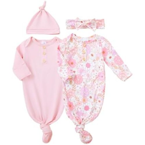 AMAWMW 2 Pack Newborn Baby Girl Boy Sleeper Gown Knotted Nightgown with Hat Pajamas Set Infant Gifts Stuff Essential Outfit