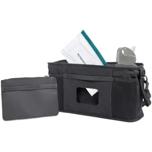 WONDERFOLD Universal Parent Console Stroller Organizer with Insulated Cup Holders, Hook & Loop Closure Handle Attachment, 2 Storage Pockets, Removable Shoulder Strap for Easy Transport