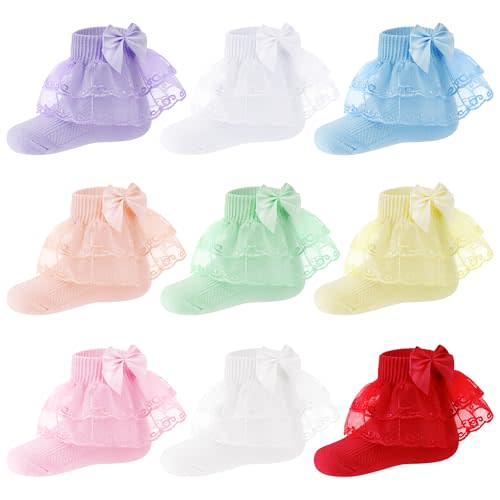 9 Pairs Baby Lace Ruffle Socks for Girls, Princess Frilly Cotton for Newborn Infants