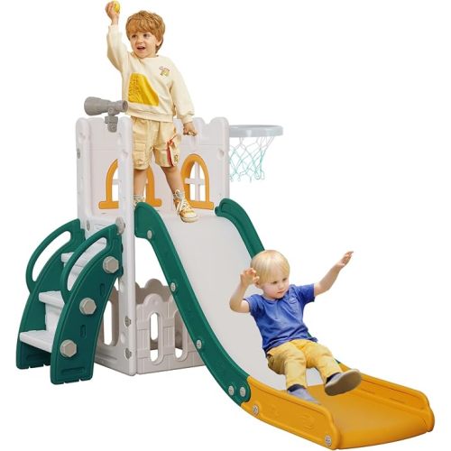 6 in 1 Toddler Slide,Kids Climber Slider for Indoor Outdoor Playground with Basketball Hoop,Storage and Telescope,L Shaped Slide for Toddler Climber Playset