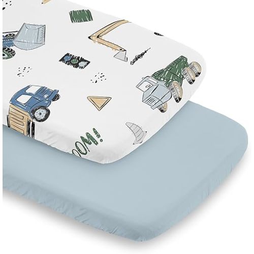 Sweet Jojo Designs Construction Truck Boy Baby Bassinet Sheets Fitted Sheet Set Infant Newborn Nursery Oval Rectangle Hourglass Mattress 2p Blue Grey Green Transportation Zone Vehicles Bulldozer Crane