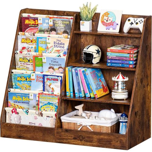 Lerliuo 4 Tier Kids Bookshelf and Storage Organizer, Five Layer Sling Children Bookcase, Baby Toddler Wooden Book Shelf, Display Cabinet for Playroom, Bedroom, Classroom, Nursery, School (Brown)