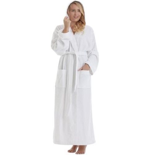 Arus Women's Meridian Style Full Length Hooded 100% Turkish Cotton Bathrobe , White , X Large