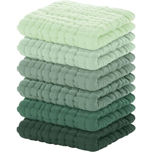 Yoofoss Muslin Baby Washcloths 100% Organic Cotton Face Towels 6 Pack Wash Cloths for Baby 12x12in Soft and Absorbent Baby Wipes (Gradient Green)