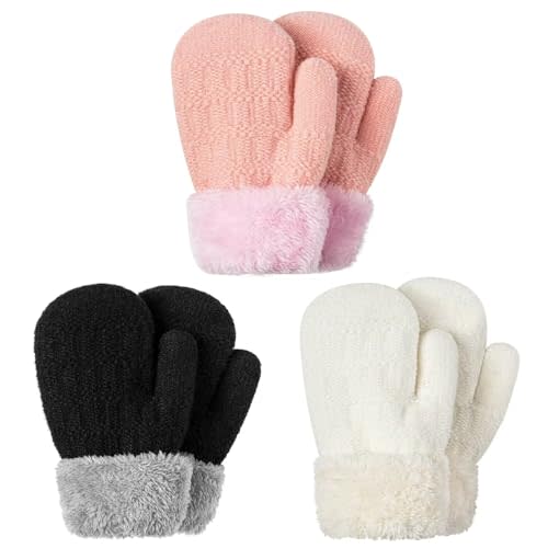 Winter Mittens Gloves Beanie Hat Set for Kids Baby Toddler Children, Thick Warm Knit Fleece Lined Thermal Set for Boys Girls