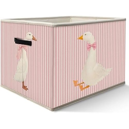 Coquette Pink Bow Goose Storage Bin, Preppy Goose Collapsible Storage Baskets for Girls Nursery Decor, Pink and White Striped Farm Animal Foldable Basket Box with Handle for Home Bedroom Office