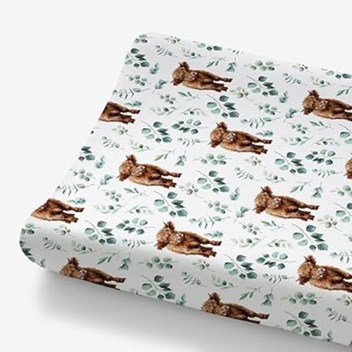 HawSkgFub Highland Cow Eucalyptus Leaf Changing Pad Cover for Baby Girl Boy, Natural Western Farm Animal Diaper Change Table Covers, Soft Stretchy Safe Snug Fitted Changing Mat Sheet Fit 32"/34" x 16"