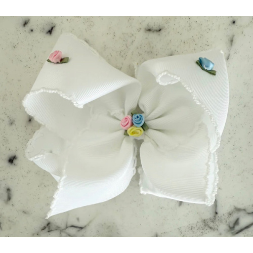 White Floral Bow with White Trim- 5.5"