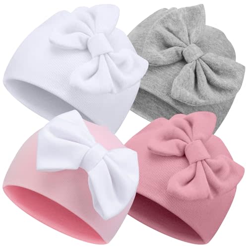 Cuffbow 4 Pcs Preemie Hats Baby Cap | Premature Newborn Beanie with Bow Knot, Soft Cotton Baby Caps for Infant Boy Girl, Warm Hospital Hat, Breathable, Unisex