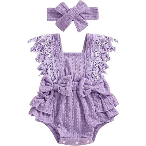 Newborn Baby Girl Lace Romper Ruffle Sleeveless Backless One Piece Jumpsuit Bodysuit with Headband Summer Clothes