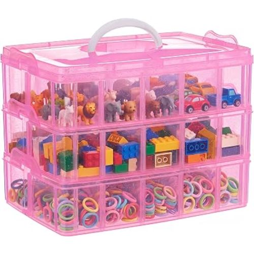 Bead Organizer 3 tier 30 grid Stackable Craft Hair Tackle Storage Pink
