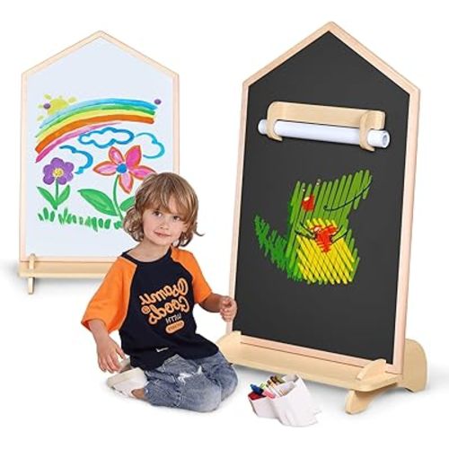 House Design Double-Sided Magnetic Drawing Board w/Detachable Roller for Kids, Extra Large Art Easel for Toddlers Boys and Girls Gift (Wall Mountable)