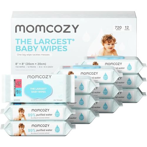 Momcozy Baby Wipes-Extra Large Size Design, 99% Water Based, Unscented & Hypoallergenic, Cleansing & Moisturizing Baby Wipes for Sensitive Skin, 12 Flip-Top Packs (720 Wipes Total)