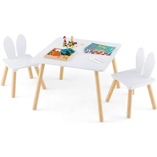Costzon Kids Table and Chair Set, 3 Pieces Wooden Activity Table & 2 Rabbit Shaped Chairs with Solid Wood Legs, Space-saving Design, Toddler Table and Chairs for Children Playroom Kindergarten (White)