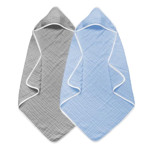 2 Pack Baby Hooded Bath Towel - 100% Muslin Cotton, 32x32 Inch, Gray & Blue with White Trim, Soft Absorbent Newborn Infant Toddler Towel