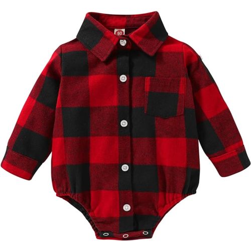 HAPPYMA Newborn Baby Boy Girls Plaid Outfit Flannel Romper Tops Infant Long Sleeve Button Down Plaid Casual Bodysuit Clothes