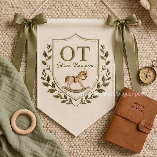 Personalized Monogram Rocking Horse Toy Embroidered Banner,Olive Green Canvas Banner Custom Baby Name Nursery Wall Hanging,Heirloom Baby Boy