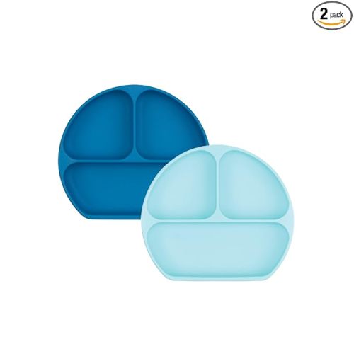 Bumkins Toddler and Baby Suction Plate, Silicone Divided Grip Dish for Babies and Kids, Baby Led Weaning, Children Feeding Supplies, Non Skid Bottom, Platinum Silicone, 6 Mos Up, Blue and Dark Blue