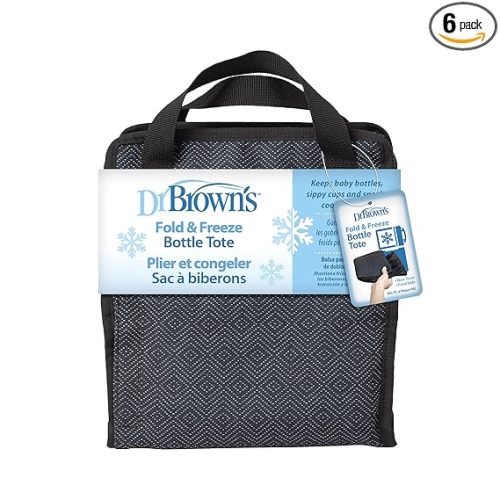 Dr. Brown’s Fold & Freeze Bottle Tote, Breastfeeding Essential Cooler Bag, 6 Baby Bottles Milk Storage - Black | Store Up to 6 Baby Bottles, Insulated Cooler Bag, BPA Free