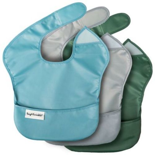 Tiny Twinkle Mess-Proof and Waterproof Baby Food Bib for Boys or Girls, Machine Washable and BPA-Free w/Adjustable Closure (3-Pack, Slate, Olive)