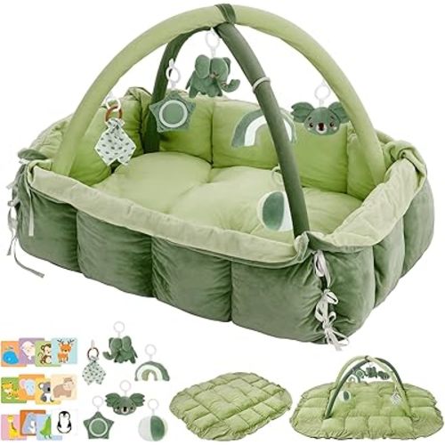 5-in-1 Baby Play Gym and Tummy Time Mat, 12 Learning Cards, Plush Activity Mat with 6 Toys, Convertible to Ball Pit, Baby Gift, Green