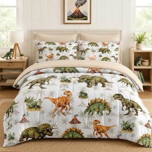 Nesker Queen Comforter Set with Sheets, 7 Pieces Dinosaur Palm Tree Bedding